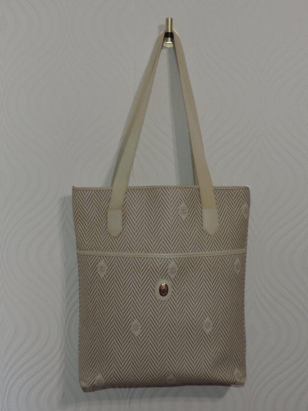 Rare MARK CROSS Azur Ivory Leather Coated Canvas Chevron Tote Bag Vintage Italy
